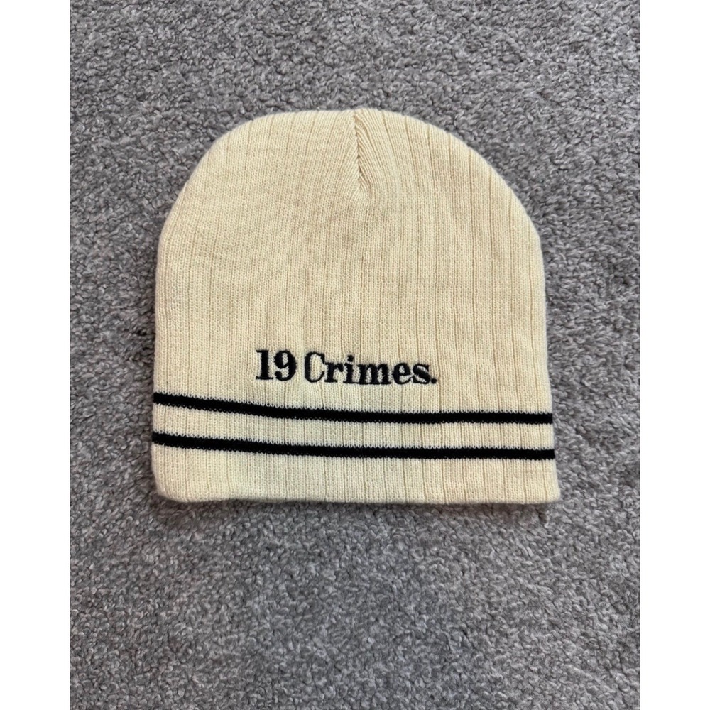 19 Crimes HitWear Beanie Winter Hat Cream Black Striped Ribbed Knit Skull Cap
